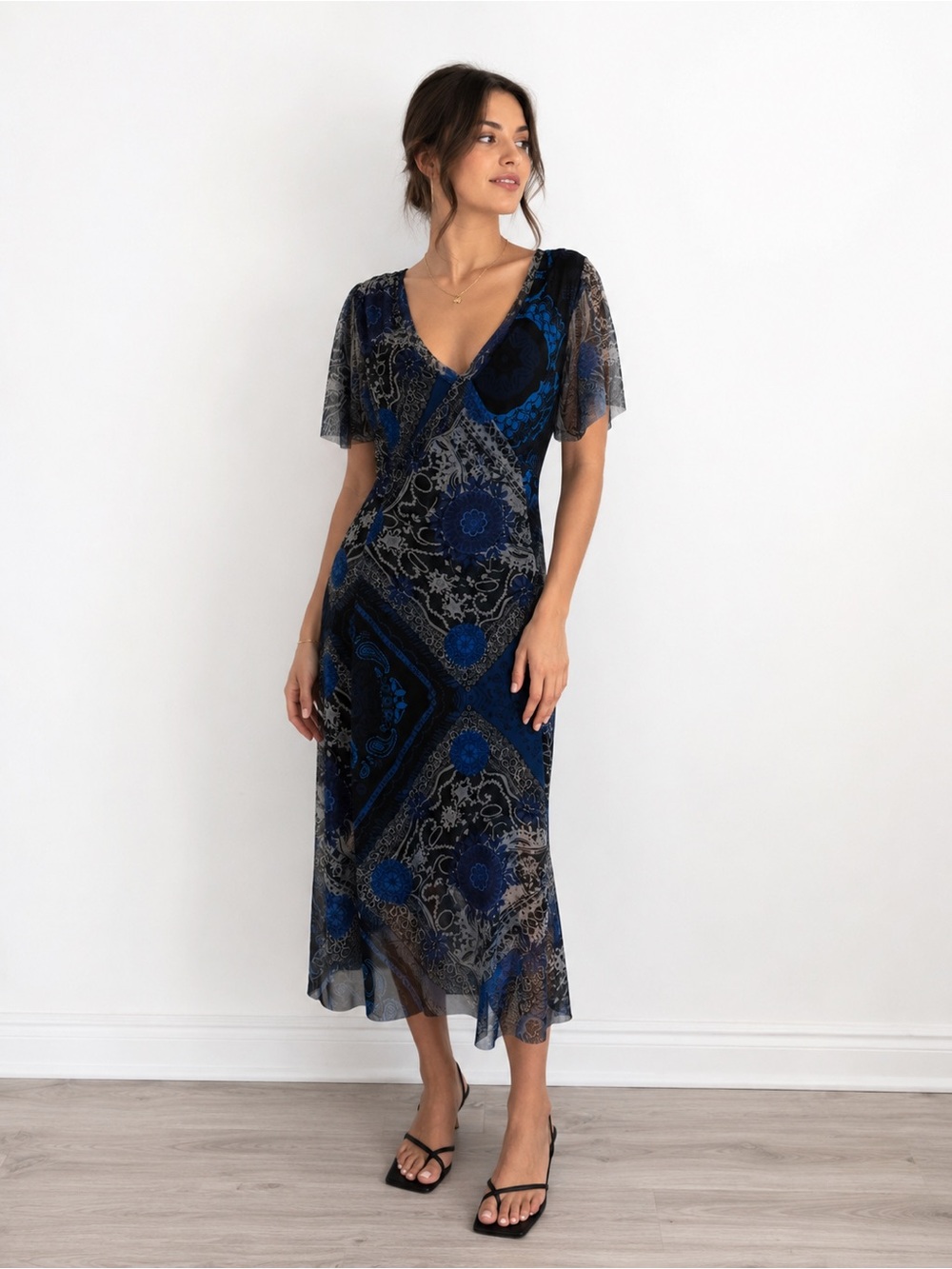 Desigual Navy and Royal Blue Printed V-Neck Midi Dress - Picture 2 of 3